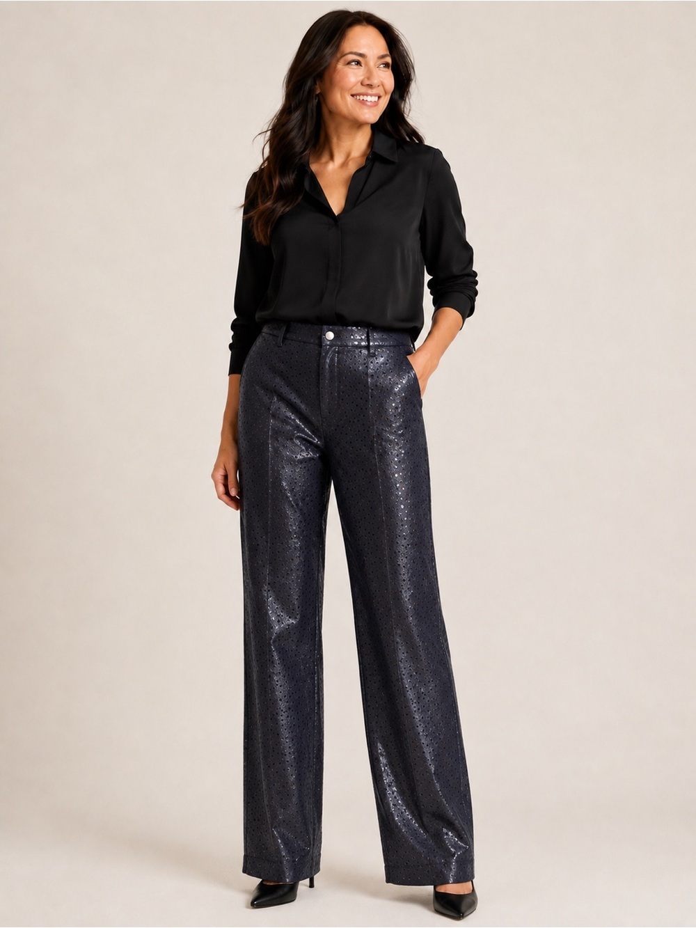 Womyn Black Perforated Coated Straight Leg Pants Size 10 Made in USA